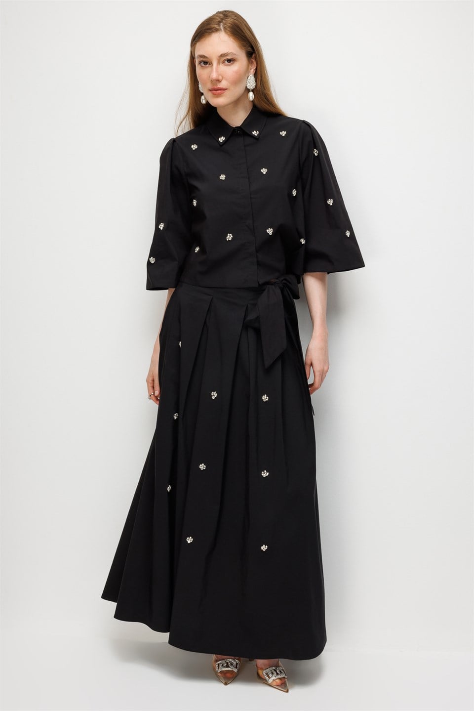 Stone Embellished Poplin Shirt Black