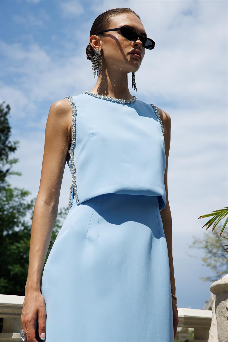 Taş İşlemeli Yelek & Elbise 2li Takım Bebe Mavi