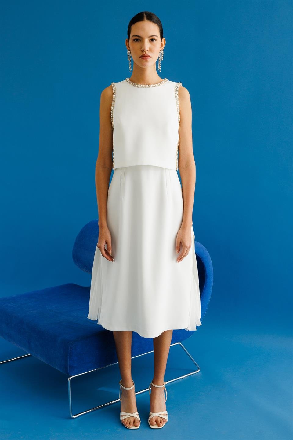 Taş İşlemeli Yelek & Elbise 2li Takım EKRU