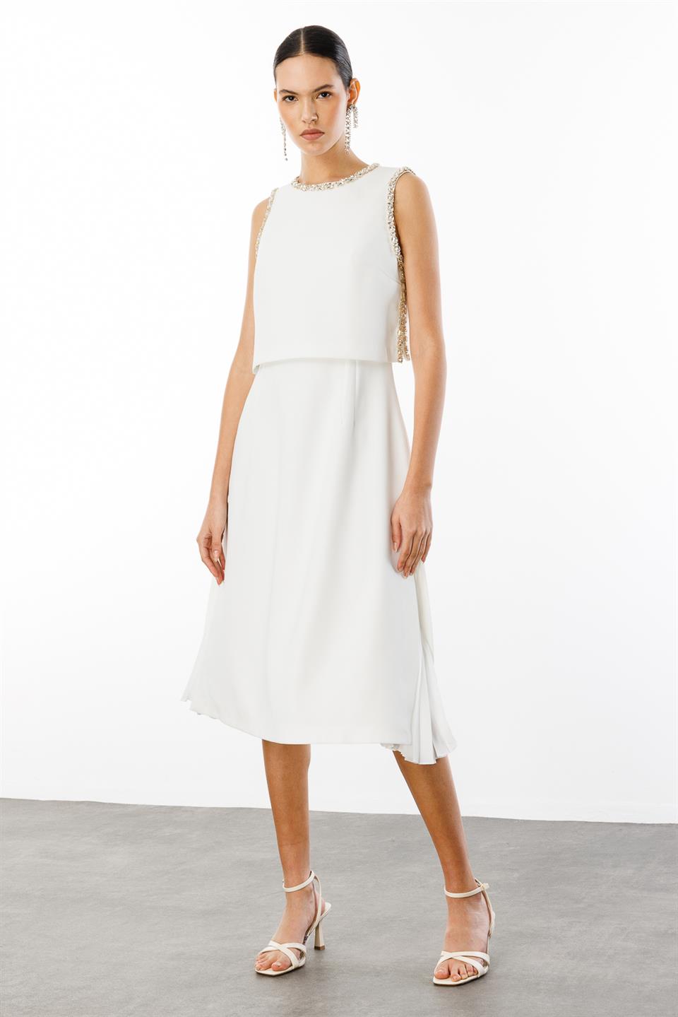 Taş İşlemeli Yelek & Elbise 2li Takım EKRU