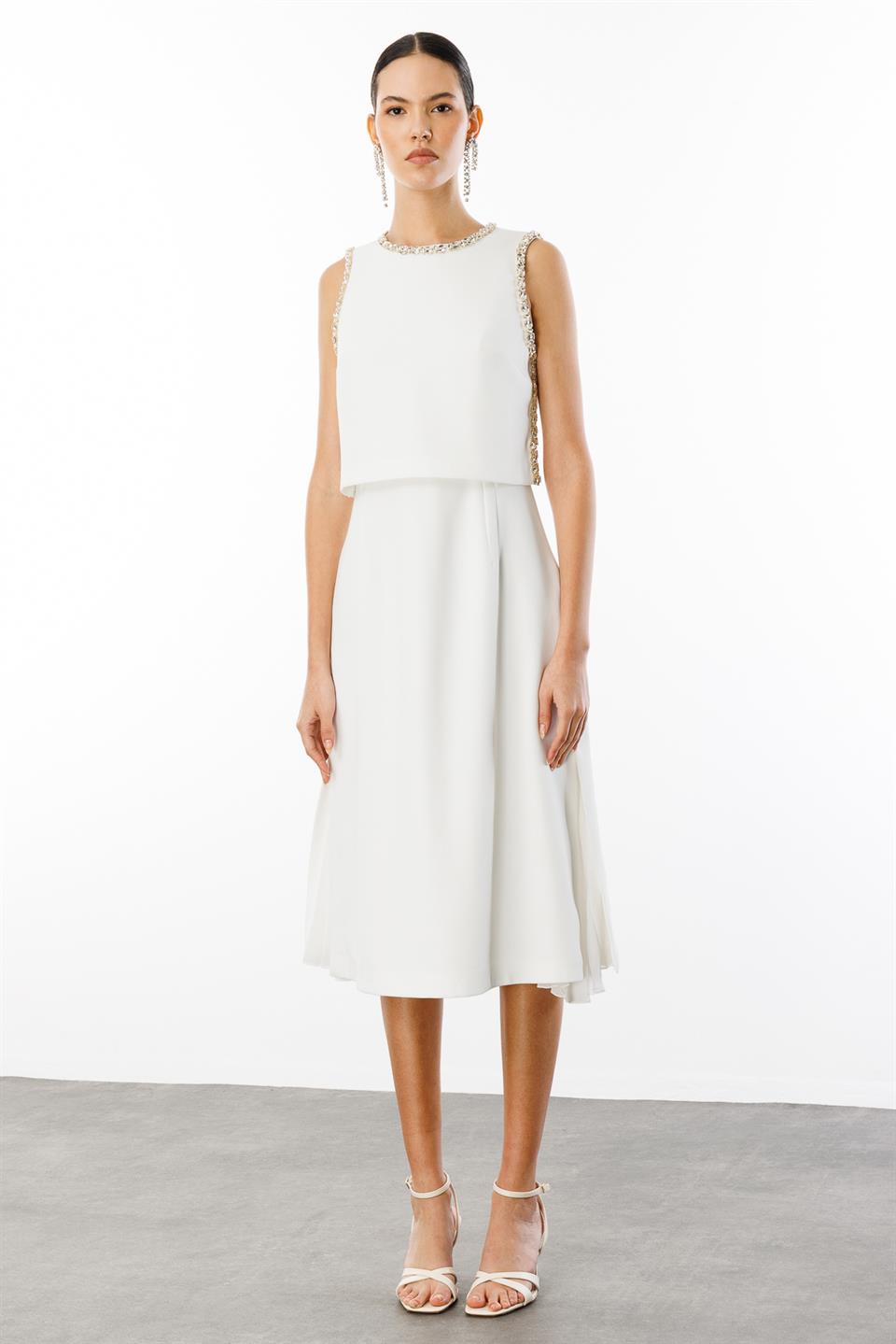 Taş İşlemeli Yelek & Elbise 2li Takım EKRU