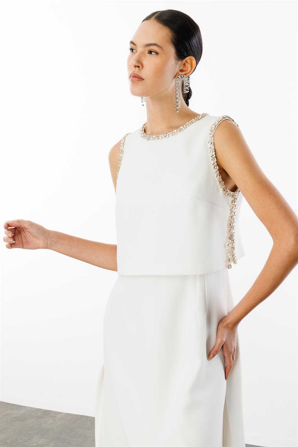 Taş İşlemeli Yelek & Elbise 2li Takım EKRU