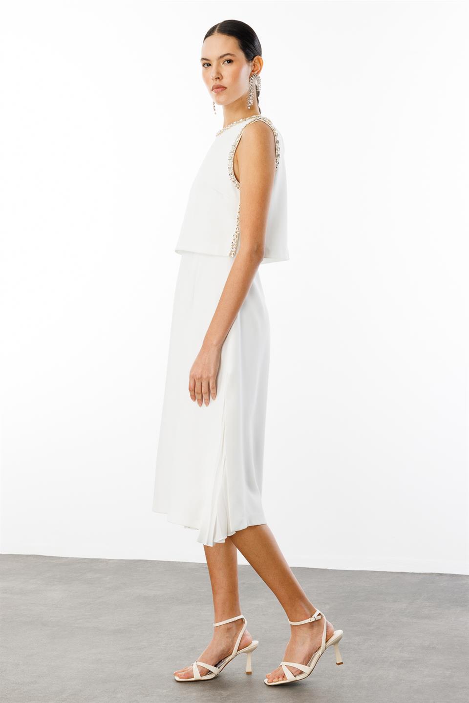 Taş İşlemeli Yelek & Elbise 2li Takım EKRU