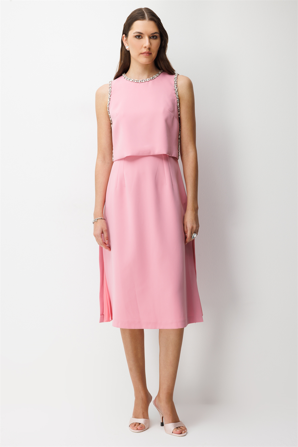 Taş İşlemeli Yelek & Elbise 2li Takım PUDRA