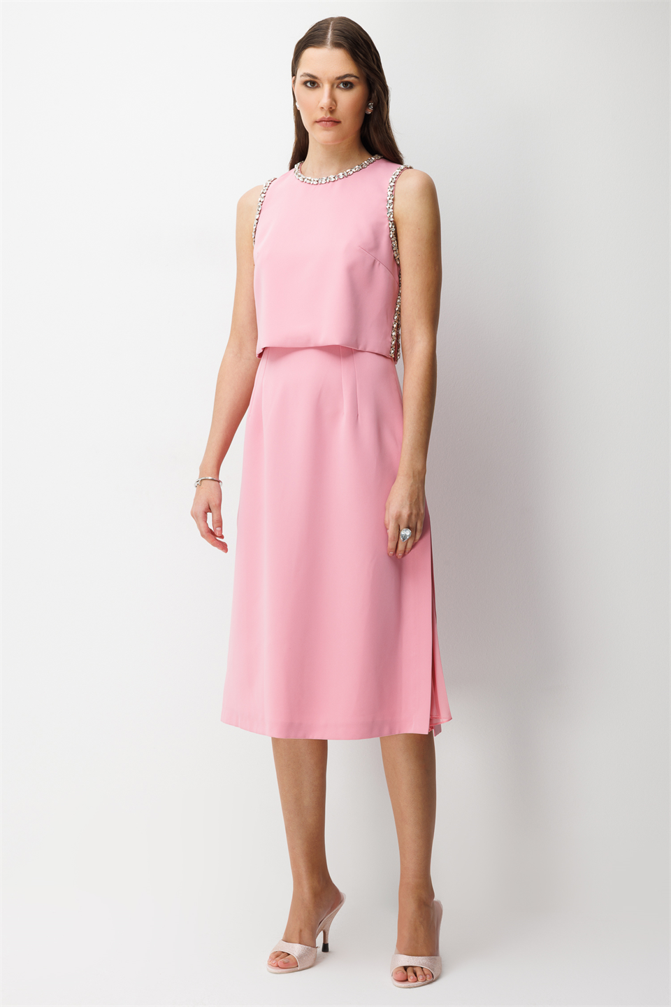 Taş İşlemeli Yelek & Elbise 2li Takım PUDRA