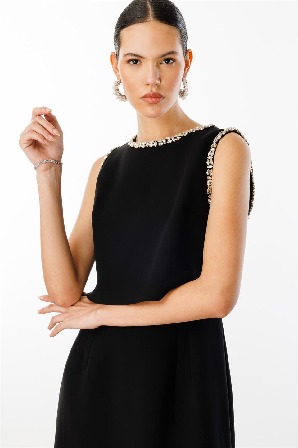 Taş İşlemeli Yelek & Elbise 2li Takım SİYAH