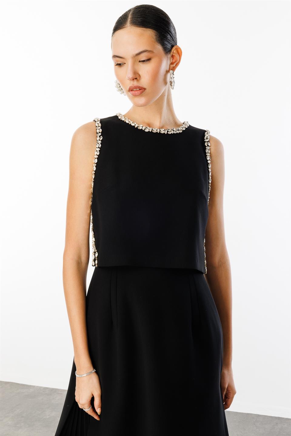 Taş İşlemeli Yelek & Elbise 2li Takım SİYAH