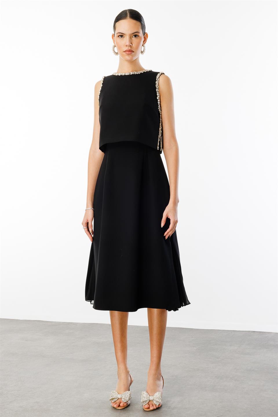 Taş İşlemeli Yelek & Elbise 2li Takım SİYAH