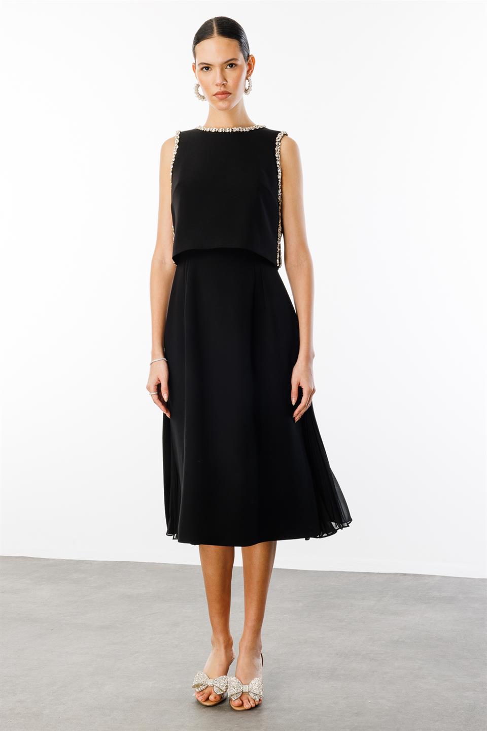 Taş İşlemeli Yelek & Elbise 2li Takım SİYAH