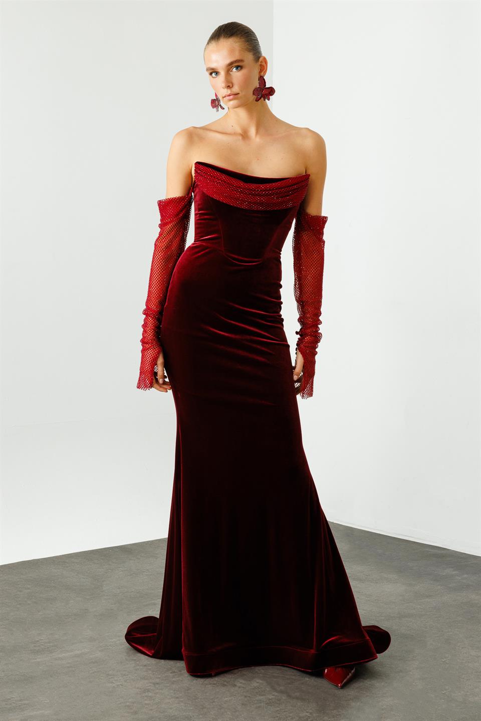 Stoned Mesh Sleeves Fish Cut Velvet Evening Dress CLARET RED