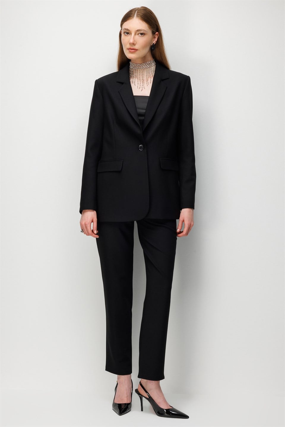 One-Button Blazer Jacket BLACK