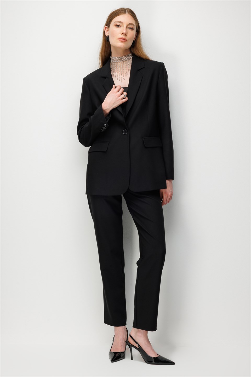 One-Button Blazer Jacket BLACK