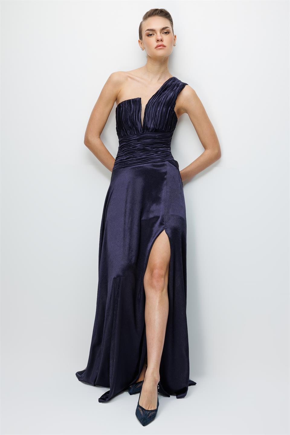 Tek Omuz Piliseli Elbise LACİVERT