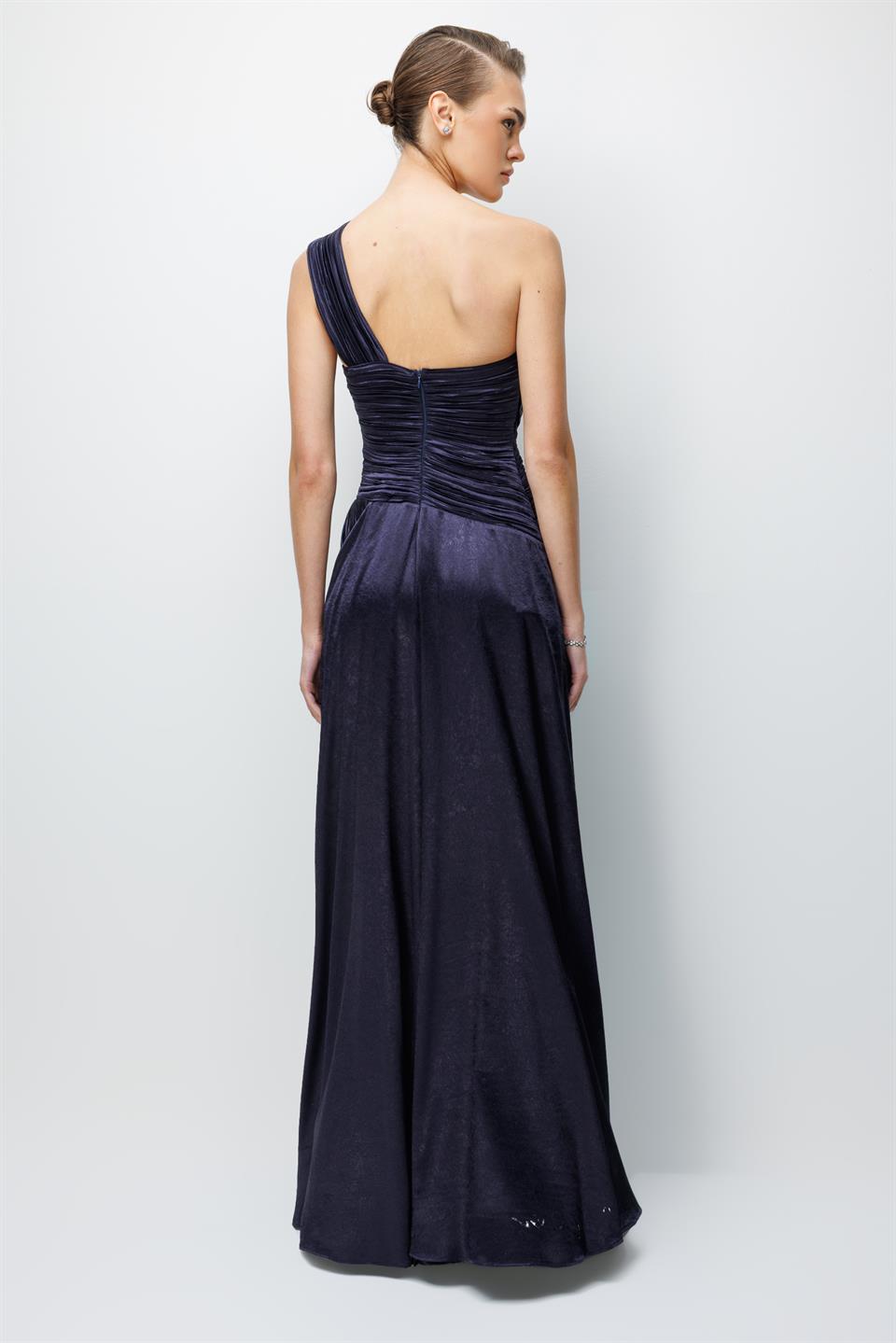 Tek Omuz Piliseli Elbise LACİVERT