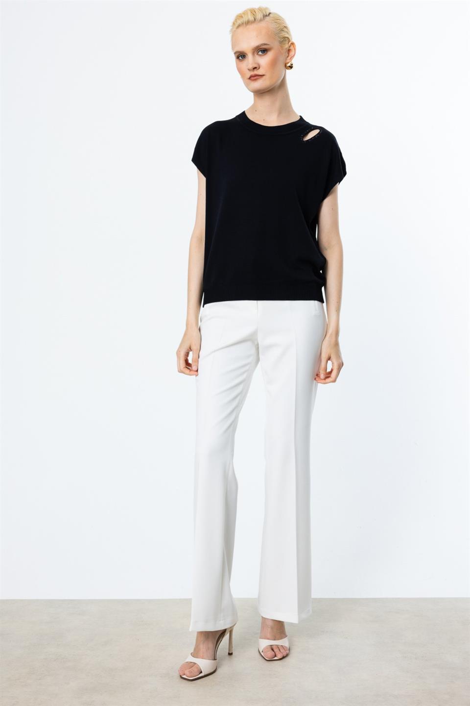 Tek Omzu Pencere Işıltılı Kısa Kol Bluz SİYAH