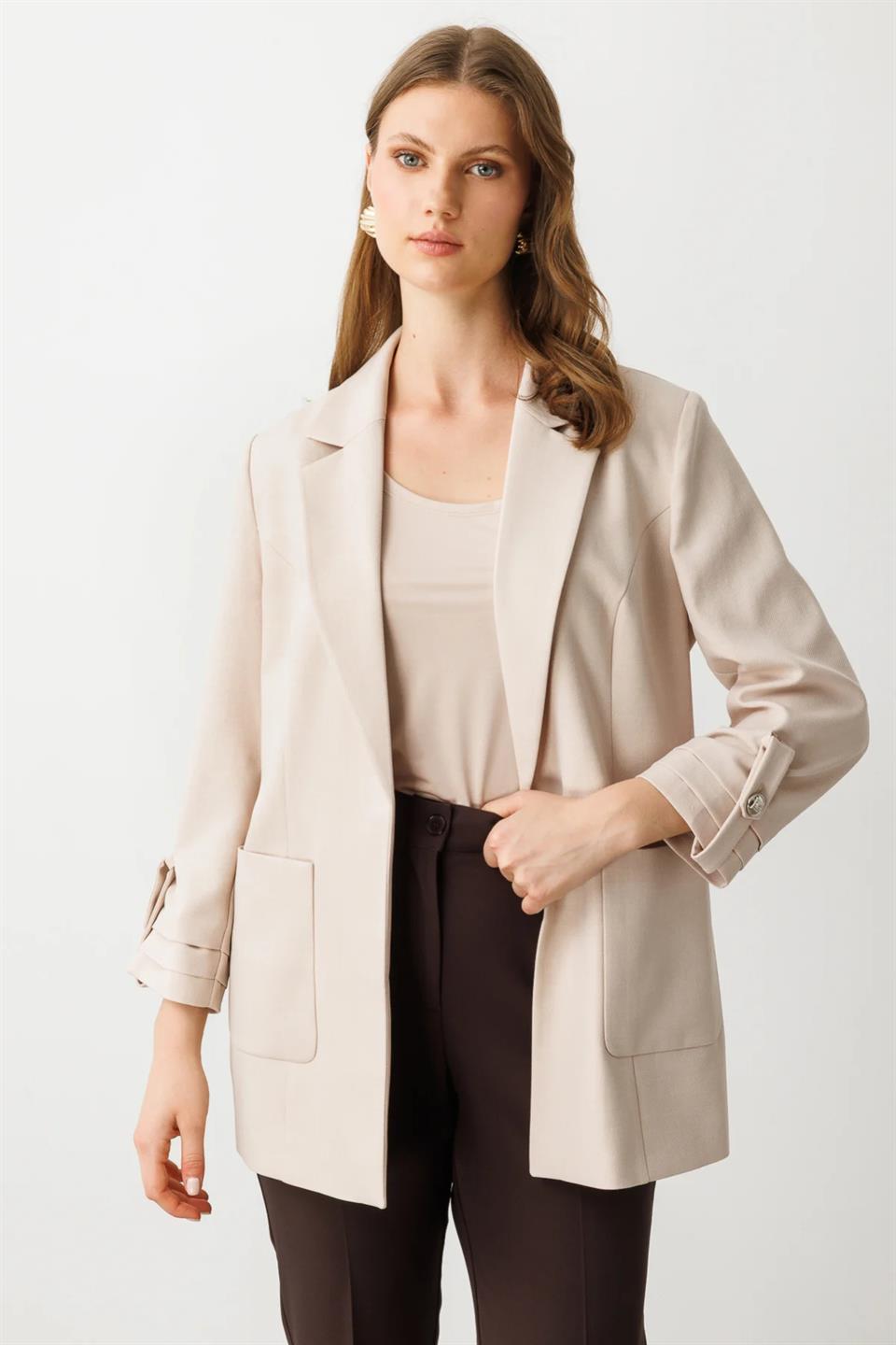 Jacket with Pocket and Folded Sleeves STONE
