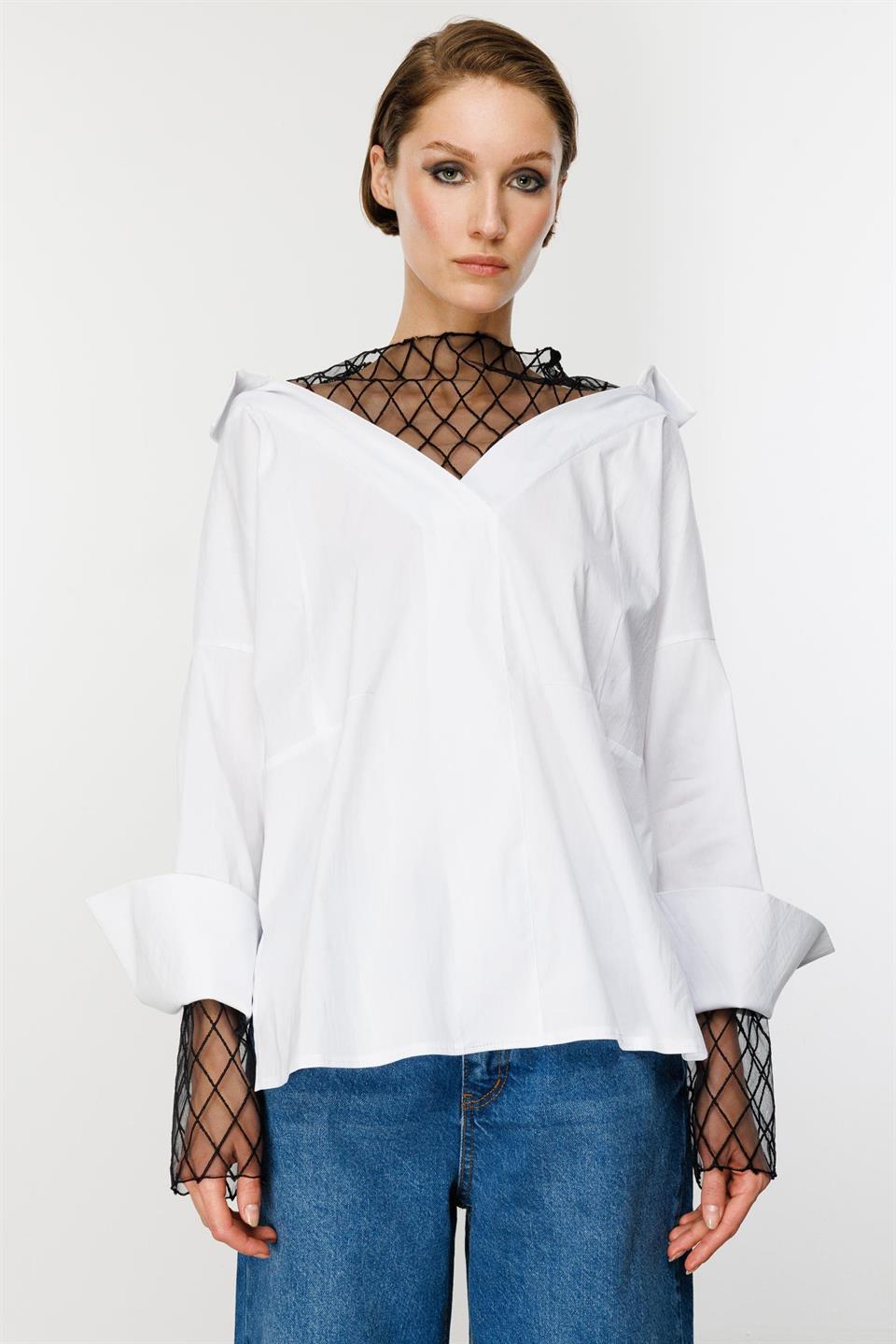 Tül Brode Detay Gömlek BEYAZ