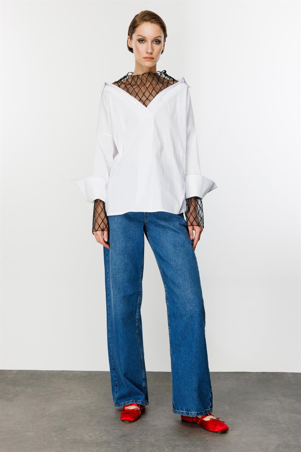 Tül Brode Detay Gömlek BEYAZ