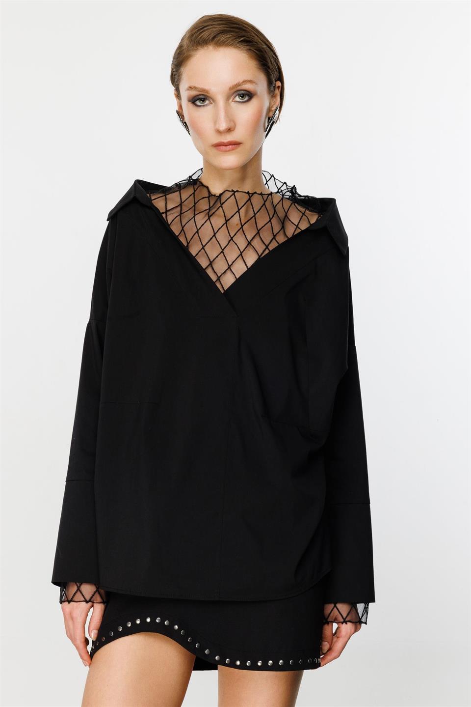 Tül Brode Detay Gömlek SİYAH