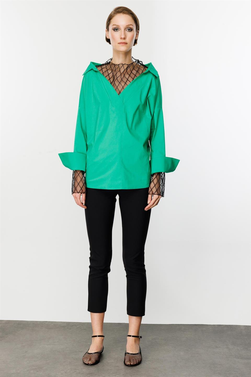 Tül Brode Detay Gömlek YEŞİL