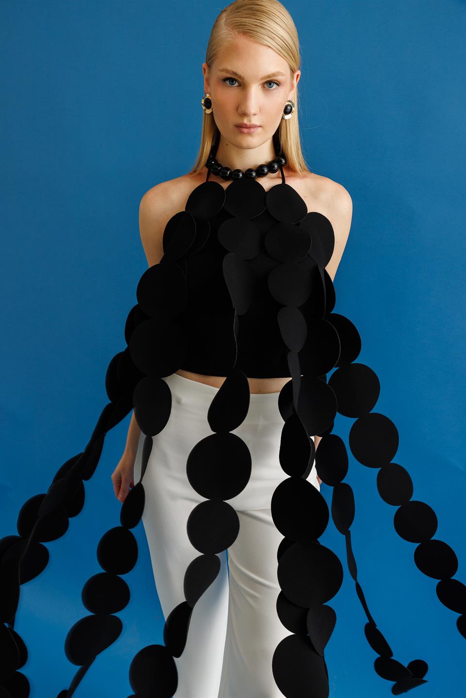 Üstü Daire Şeritli Saçak Detaylı Pantolon Takım SİYAH-EKRU