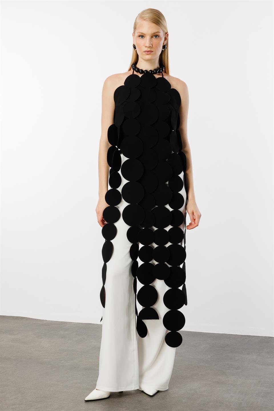 Üstü Daire Şeritli Saçak Detaylı Pantolon Takım SİYAH-EKRU