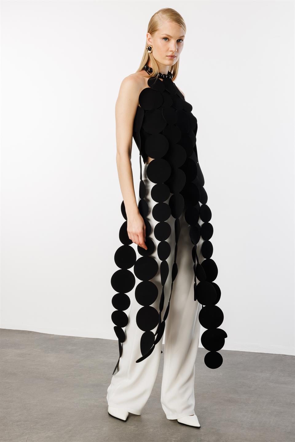 Üstü Daire Şeritli Saçak Detaylı Pantolon Takım SİYAH-EKRU