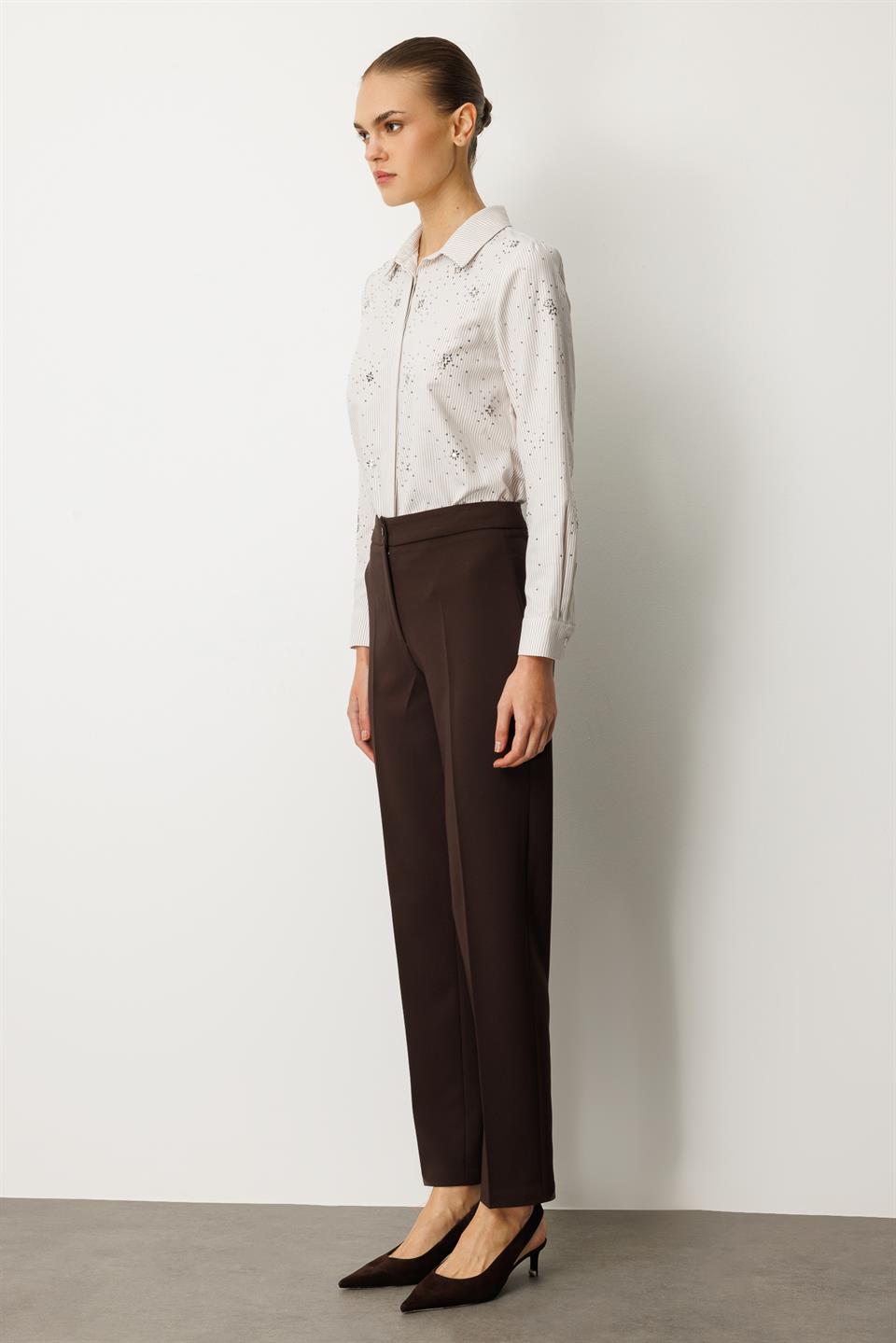 Cigarette Fit Trousers with Iron Traces - COFFEE