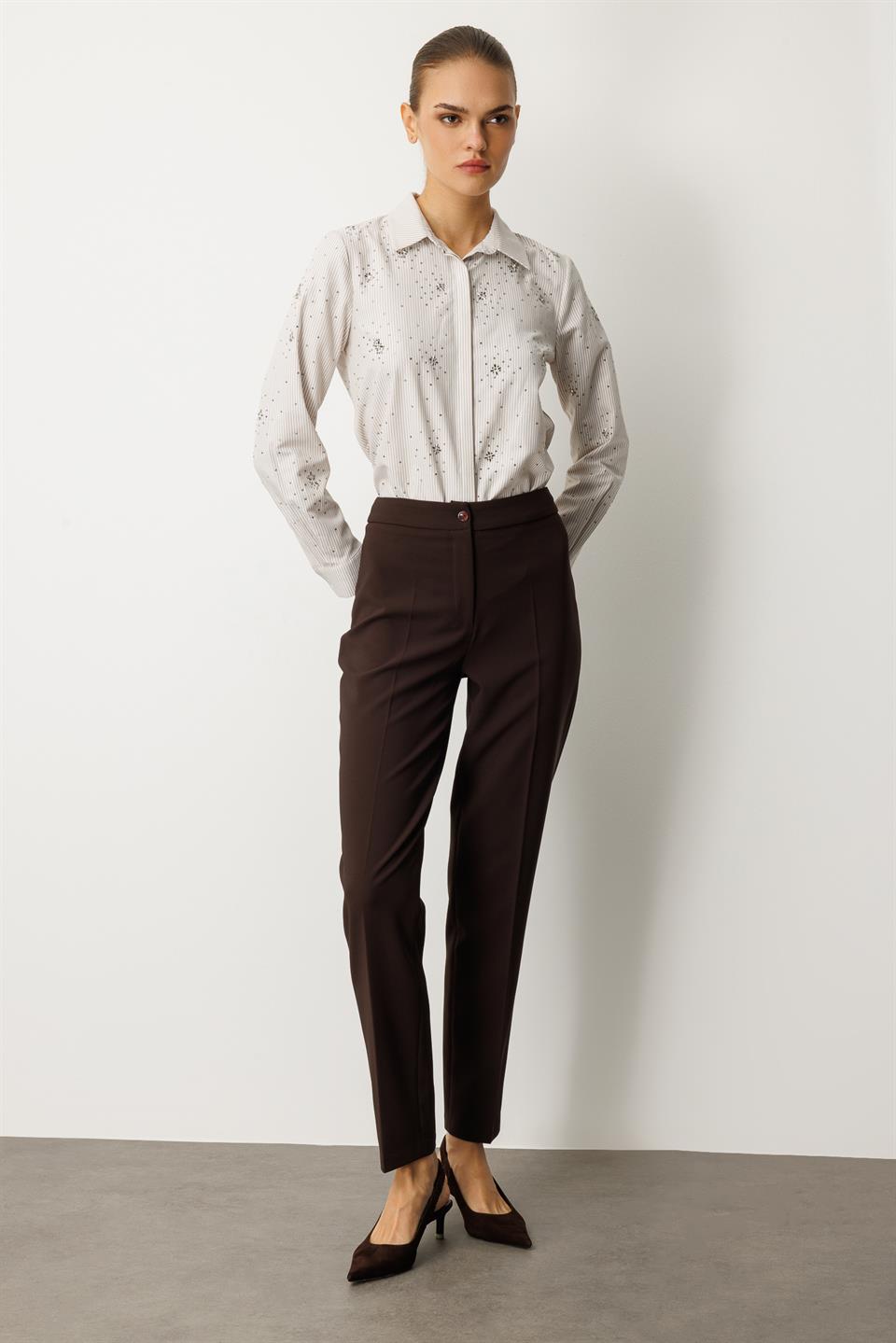 Cigarette Fit Trousers with Iron Traces - COFFEE