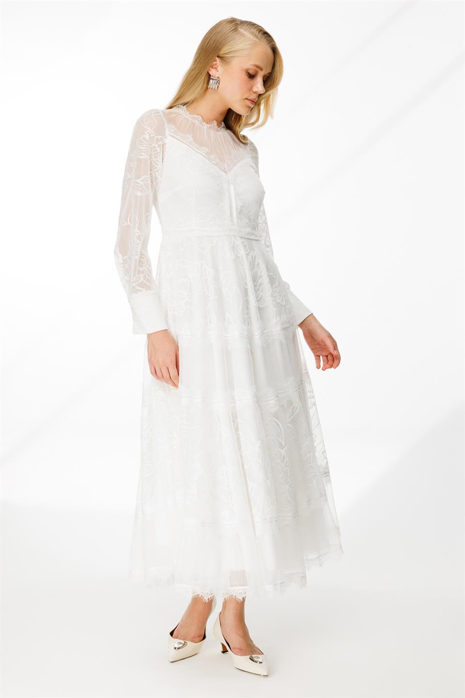 Dantel Detay Bej Astarlı Maxi Boy Elbise BEYAZ