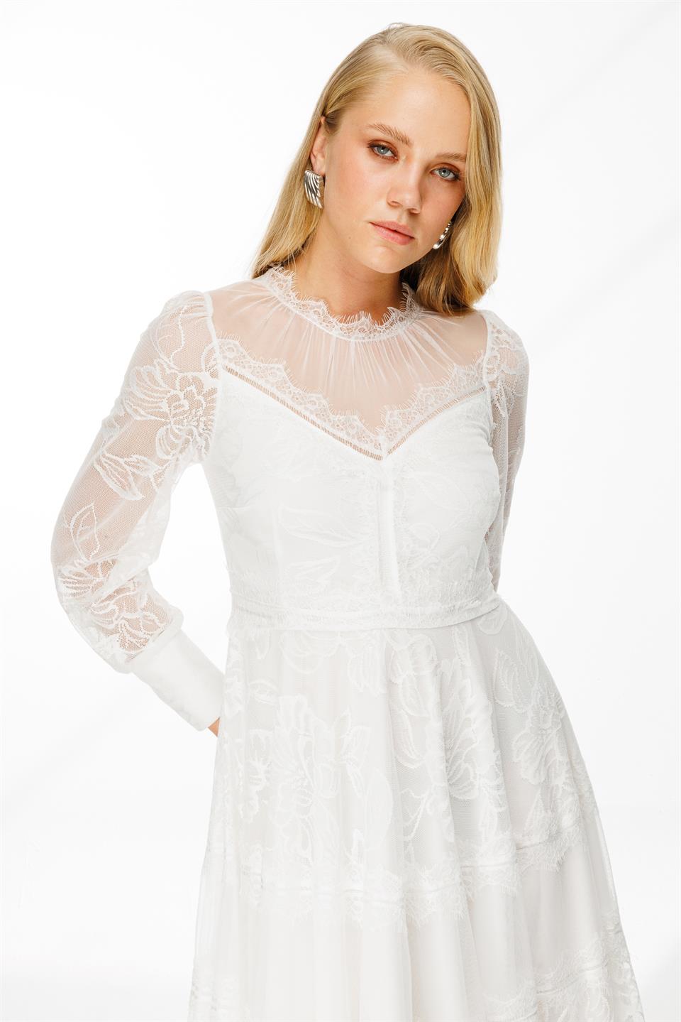 Dantel Detay Bej Astarlı Maxi Boy Elbise BEYAZ