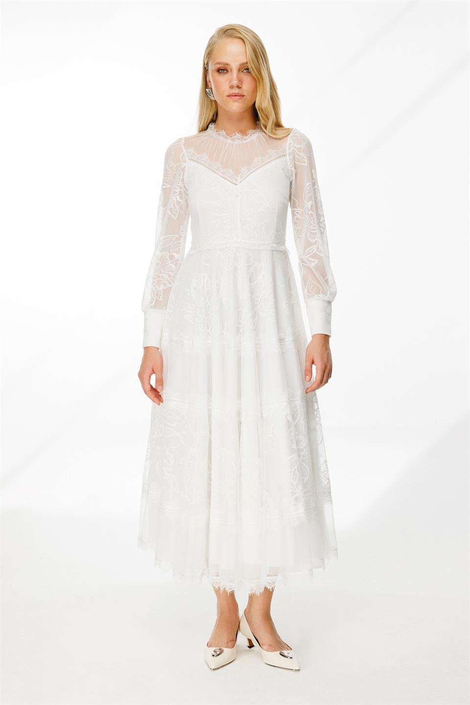 Dantel Detay Bej Astarlı Maxi Boy Elbise BEYAZ