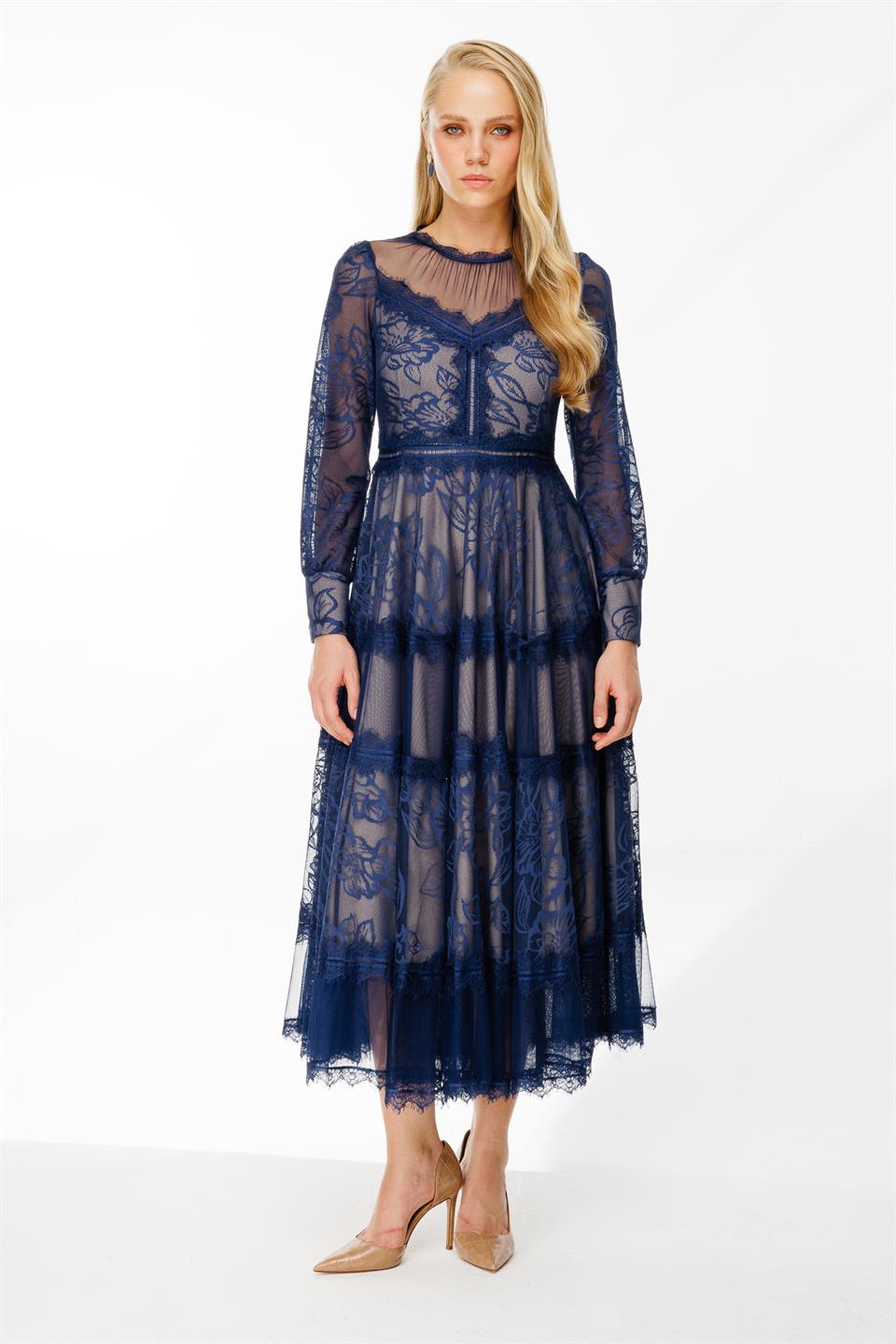 	Dantel Detay Bej Astarlı Maxi Boy Elbise LACİVERT