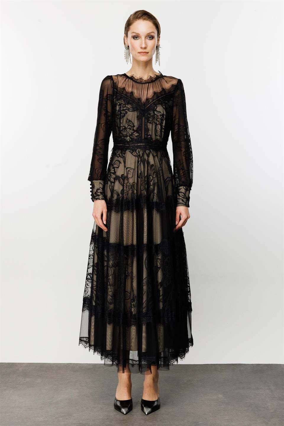 Dantel Detay Bej Astarlı Maxi Boy Elbise SİYAH