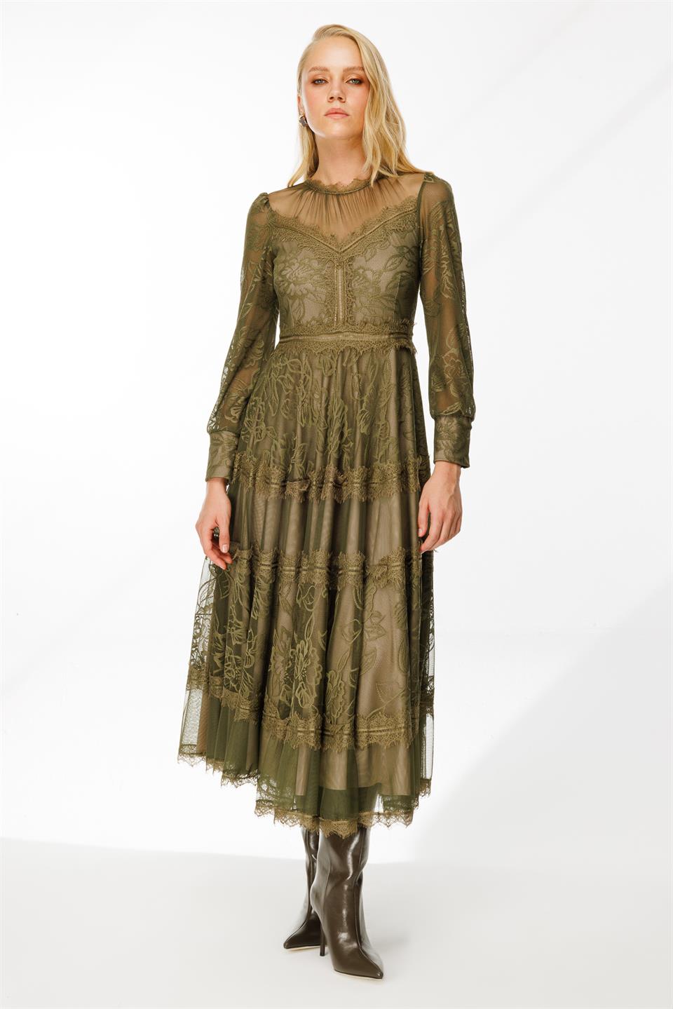 	Dantel Detay Bej Astarlı Maxi Boy Elbise YEŞİL