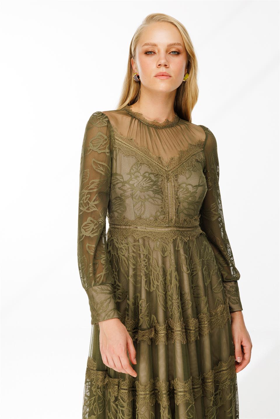 	Dantel Detay Bej Astarlı Maxi Boy Elbise YEŞİL