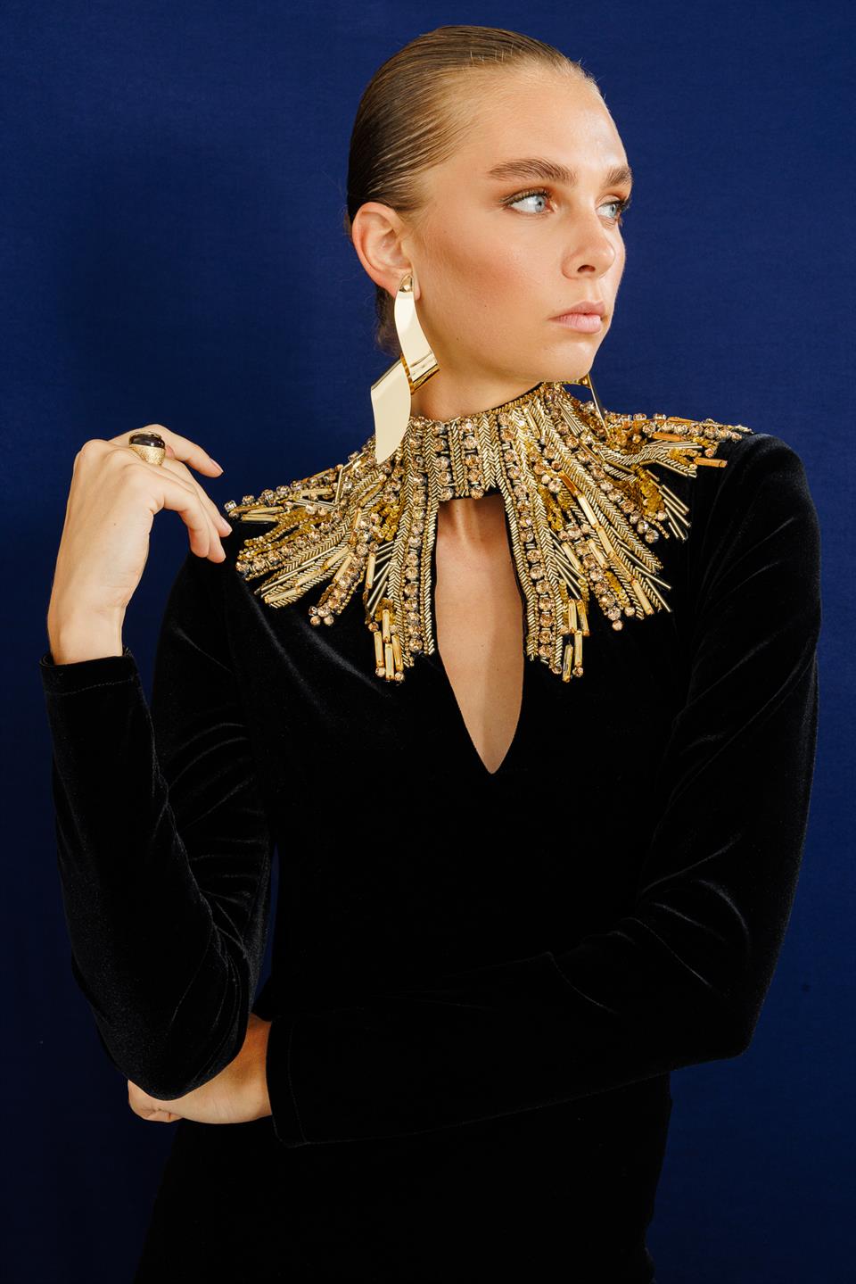 Long Sleeve Top with Accessories Velvet Long Evening Dress 