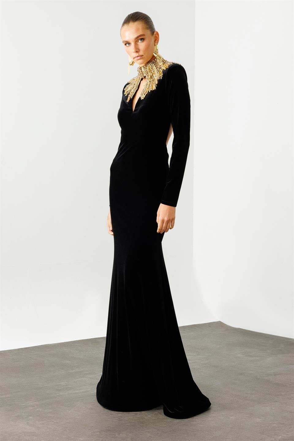 Long Sleeve Top with Accessories Velvet Long Evening Dress 