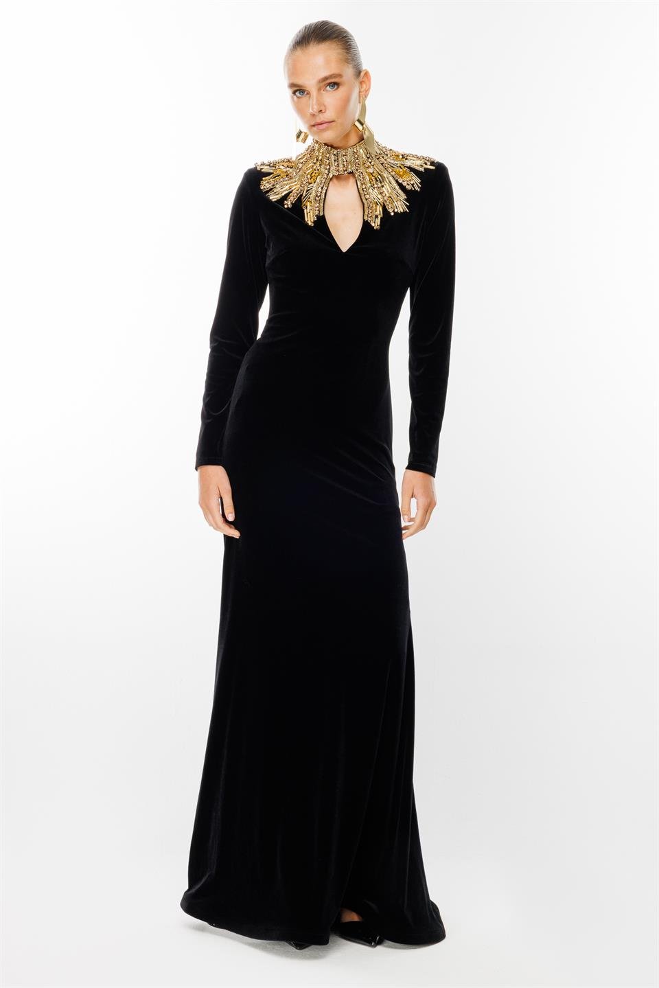 Long Sleeve Top with Accessories Velvet Long Evening Dress 