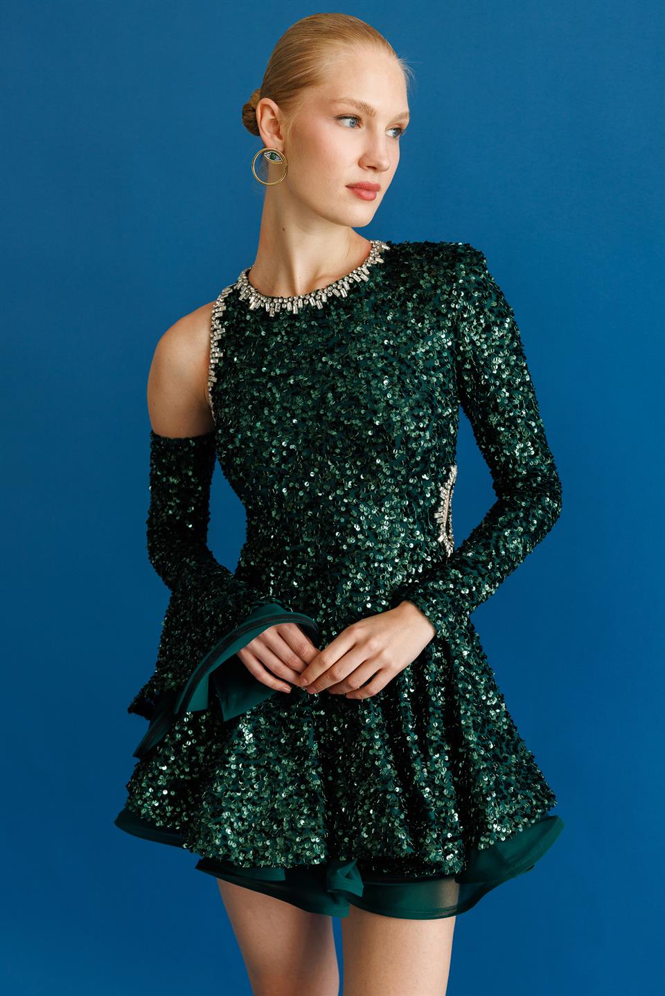 Long Sleeve Flounce Window Detail Sequin Short Evening Dress EMERALD
