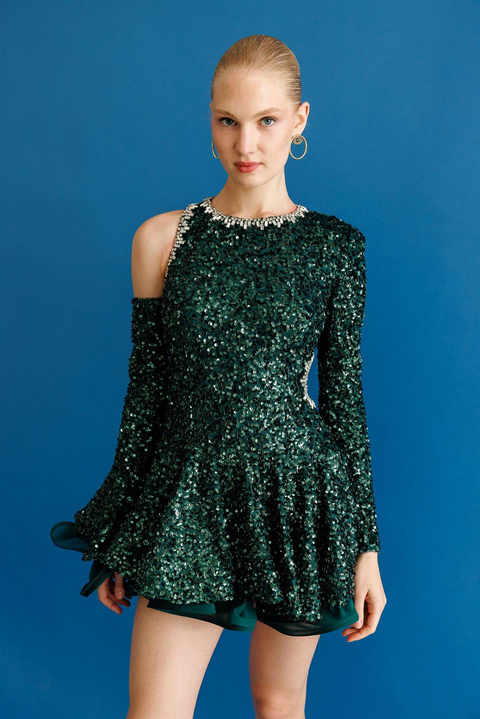 Long Sleeve Flounce Window Detail Sequin Short Evening Dress EMERALD