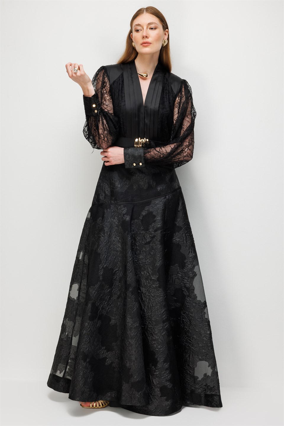 V-Neck Lace Detail Belted Maxi Dress BLACK