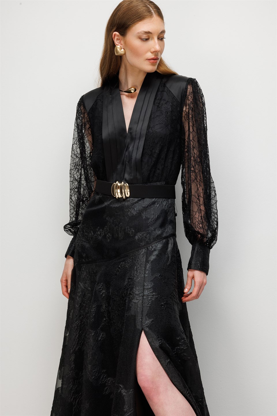 V-Neck Lace Detail Belted Maxi Dress BLACK