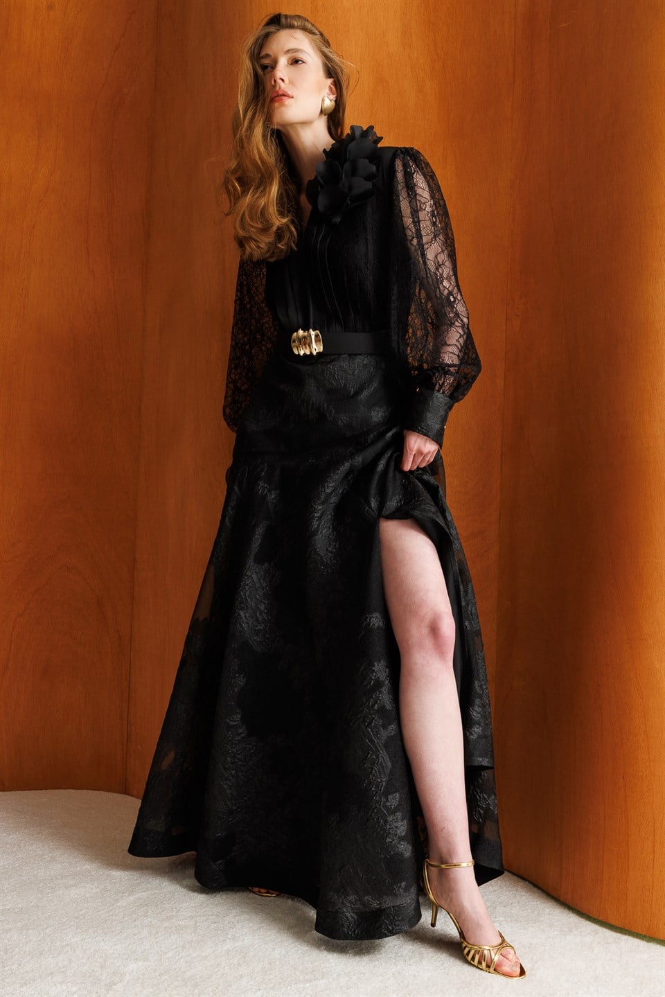 V-Neck Lace Detail Belted Maxi Dress BLACK