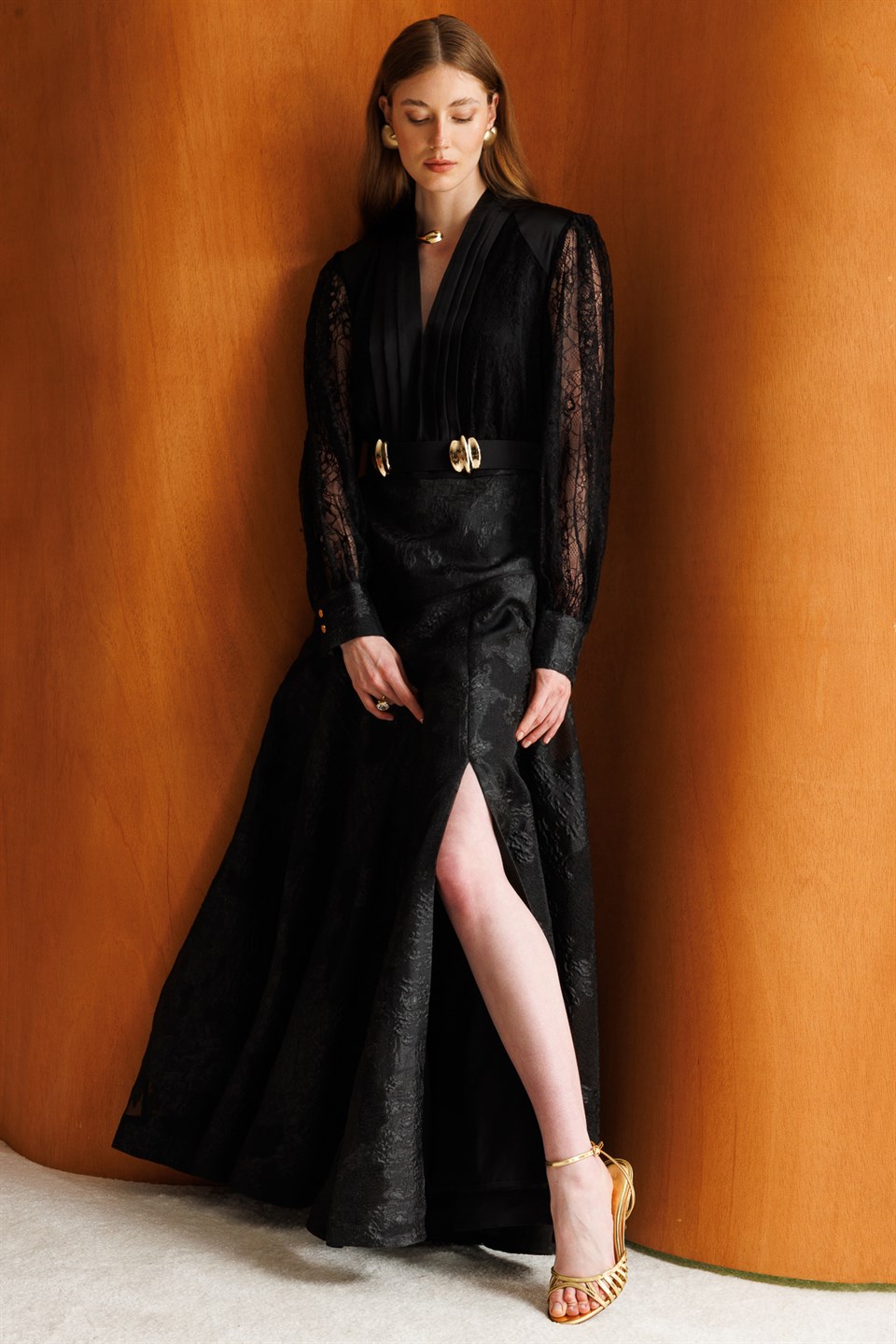 V-Neck Lace Detail Belted Maxi Dress BLACK