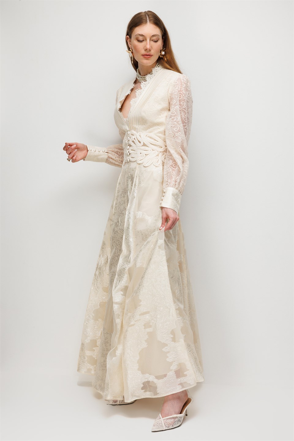 V-Neck Lace and Embroidery Detail Maxi Dress ECRU