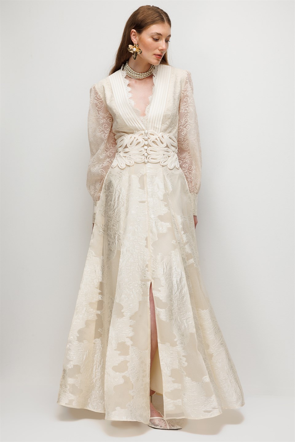 V-Neck Lace and Embroidery Detail Maxi Dress ECRU