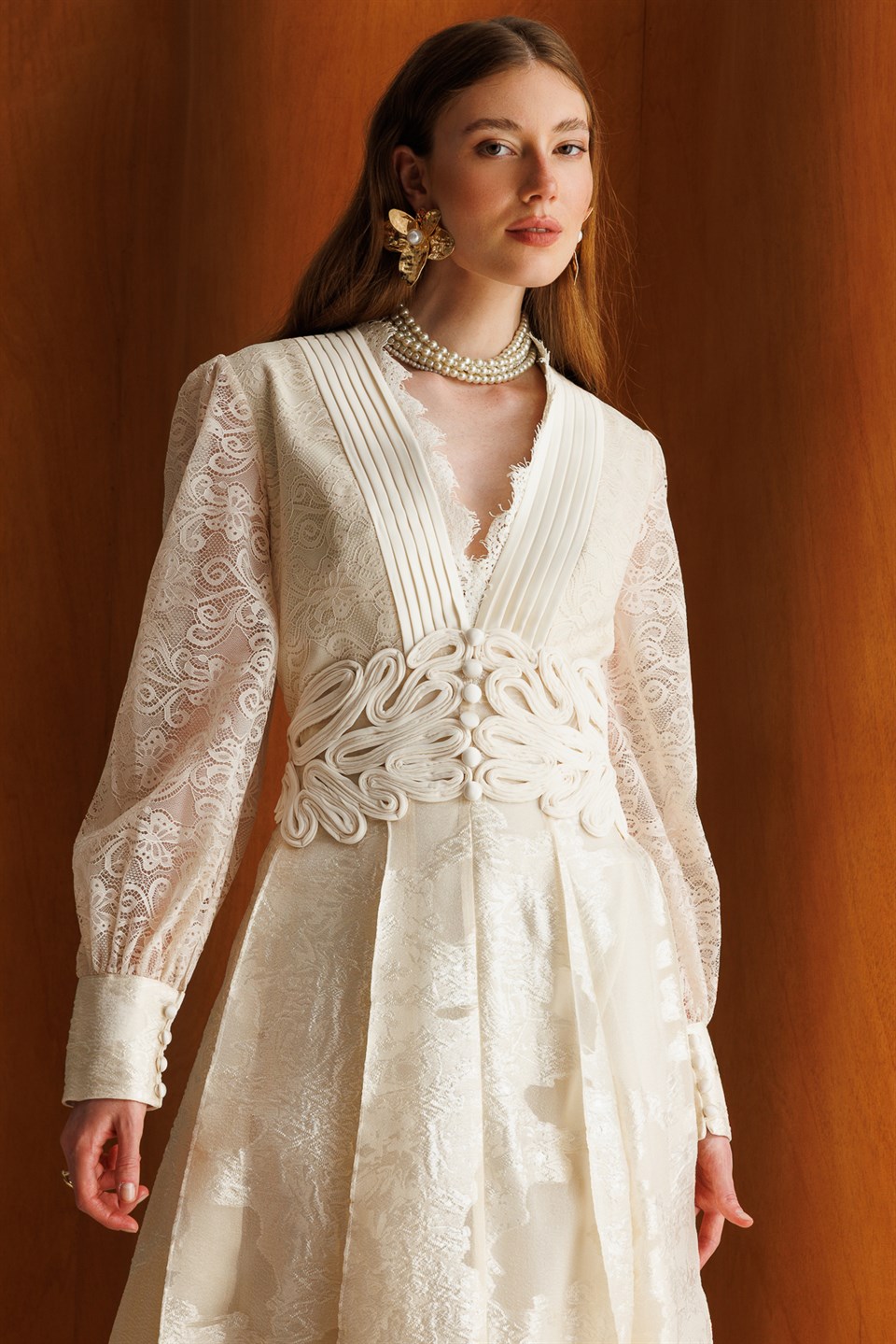 V-Neck Lace and Embroidery Detail Maxi Dress ECRU