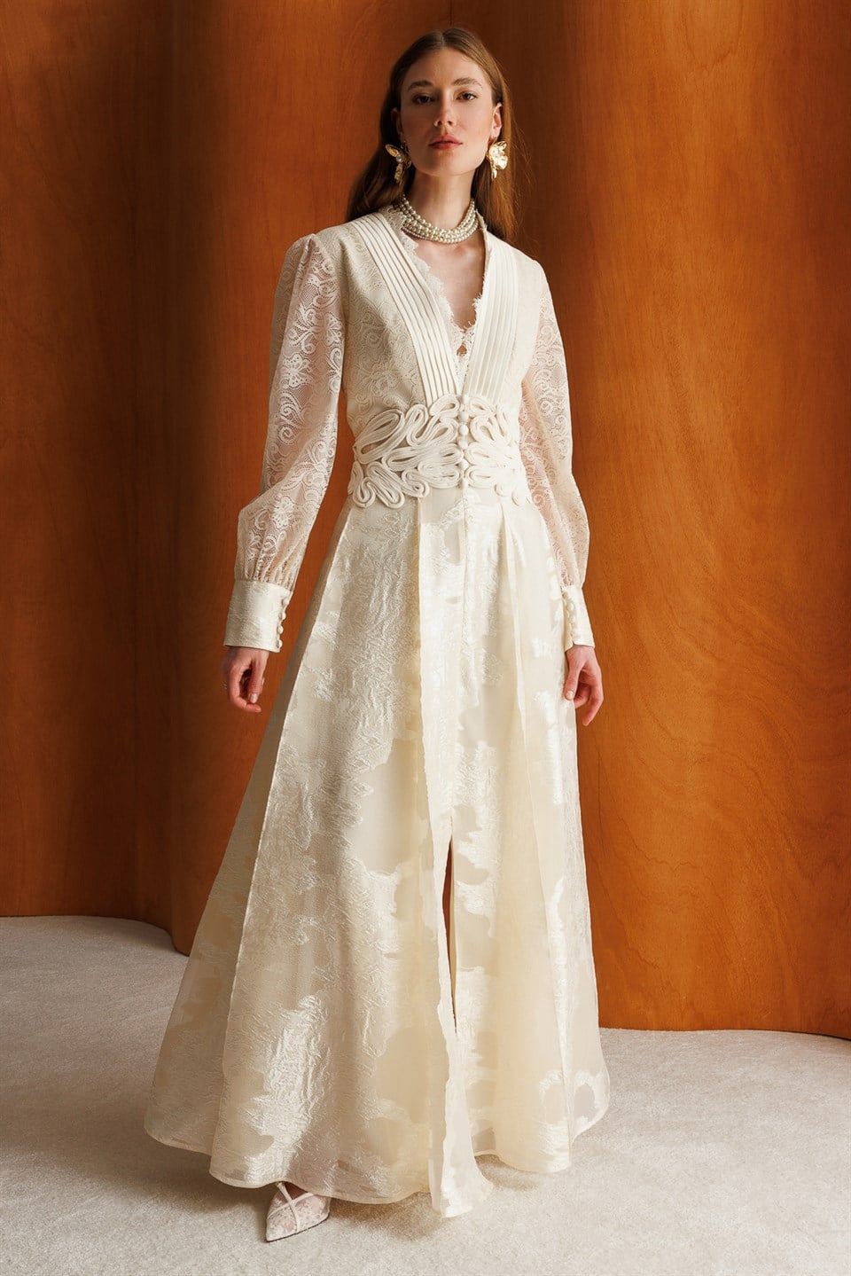 V-Neck Lace and Embroidery Detail Maxi Dress ECRU