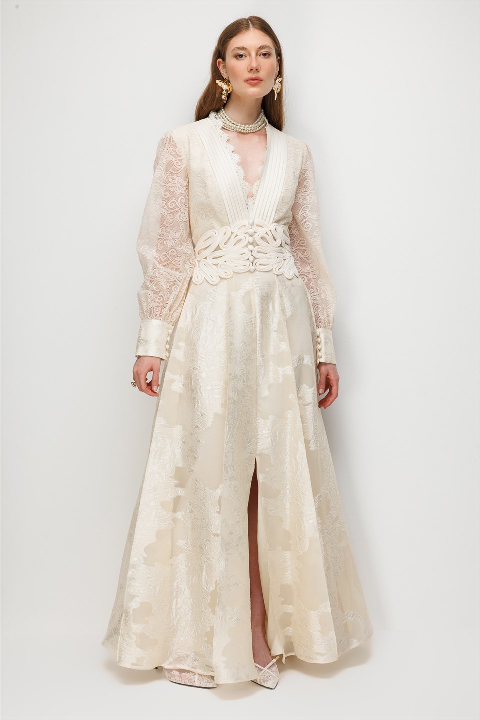 V-Neck Lace and Embroidery Detail Maxi Dress ECRU